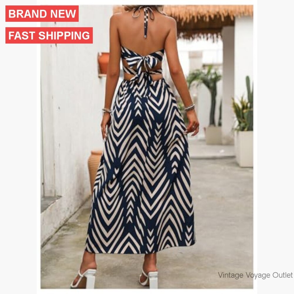 Polyester Maxi Dress with High Split Backless Hal… - image 2